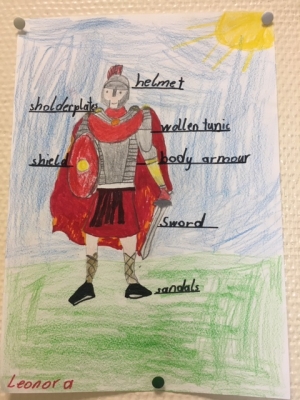 The kids labeled the roman soldier's armour. 